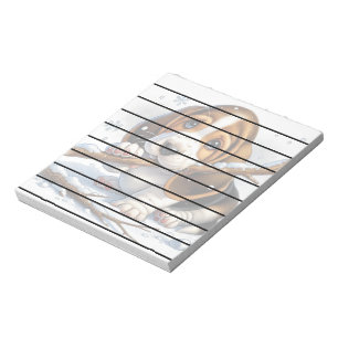 Reizender Welpe hält einen schneebedeckten Stock Notizblock
