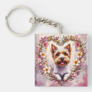 Reizender Yorkie umgeben von floralem Kranz Schlüsselanhänger