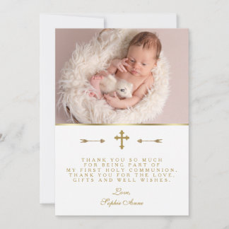 Reizendes Baby-Foto Goldkreuz Heilige Kommunion Dankeskarte