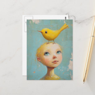 Reizendes Mädchen mit dem gelben Vogel auf dem Kop Postkarte