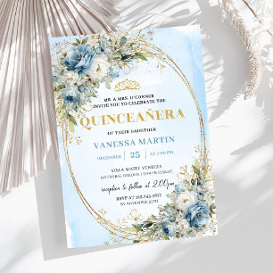 Reizendes Pastellblau Gold Eukalyptus Quinceañera Einladung