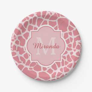 Reizendes rosa Giraffen-Muster mit Monogramm und Pappteller