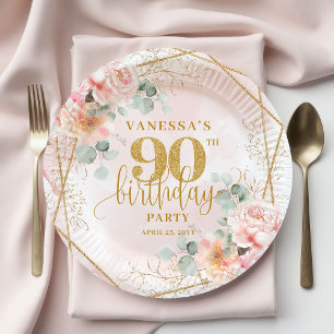 Reizendes Rosa Gold Wasserfarbe 90. Geburtstag Pappteller