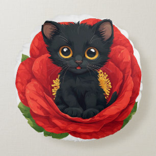 Reizendes schwarzes Kätzchen in einer lebendigen r Rundes Kissen