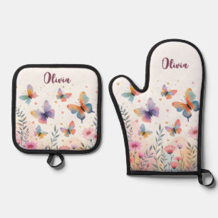 Reizvolle Aquarell-Schmetterlingswiese Ofenhandschuh & Topflappen-Set