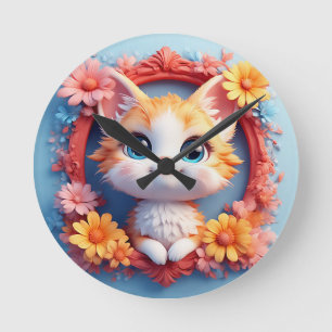 Reizvolle Cartoon-Katze umgeben von farbenfrohen B Runde Wanduhr