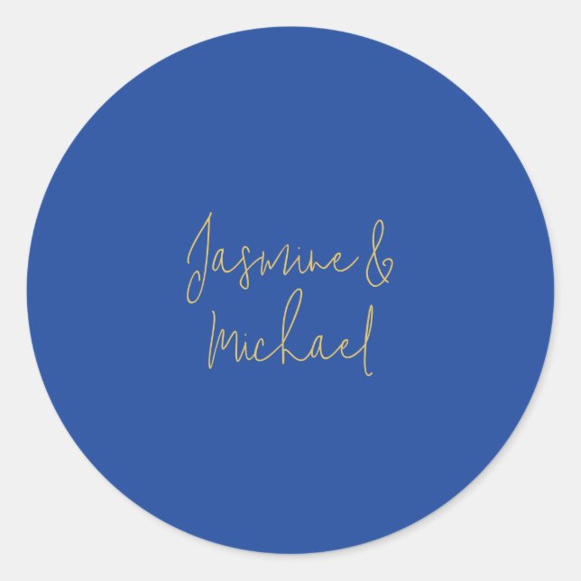 Reizvolle Chic Calligraphy Paar Namen Blau & Gold Runder Aufkleber (Vorderseite)