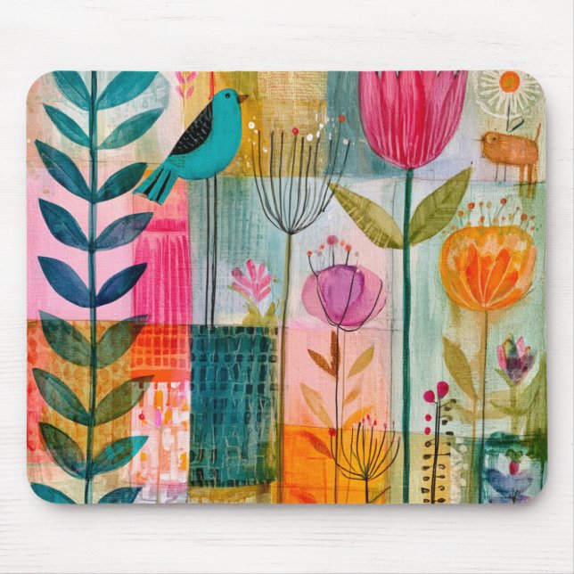 Reizvolle Patchwork Blaumeise Wiese Mousepad (Vorne)