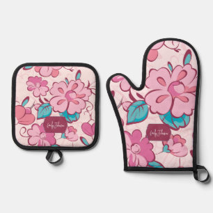 Reizvolle rosa Blumenküche mit individuellem Namen Ofenhandschuh & Topflappen-Set