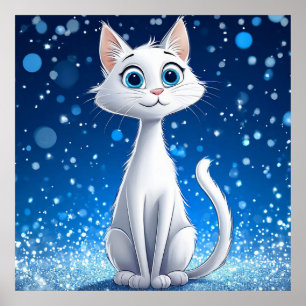 Reizvolle weiße Katze mit großen blauen Augen Poster