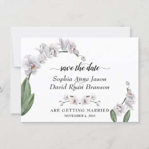 Reizvolle weiße Orchideen-Hochzeits-Kalligrafie Save The Date