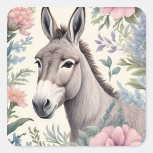 Reizvoller Esel Pastell Blumen Bauernhof Tier Quadratischer Aufkleber