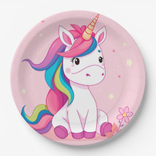 Reizvolles Cartoon-Einhorn mit Regenbogenmähne Pappteller