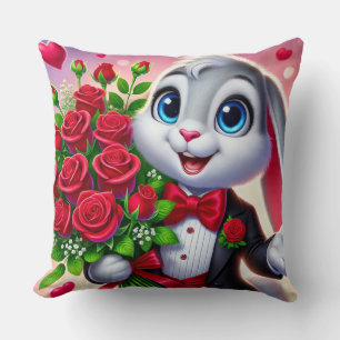 Reizvolles Cartoon-Kaninchen mit Rosen Kissen