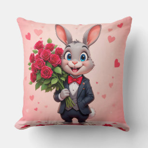 Reizvolles Cartoon-Kaninchen mit Rosen Kissen