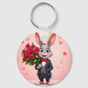 Reizvolles Cartoon-Kaninchen mit Rosen Schlüsselanhänger