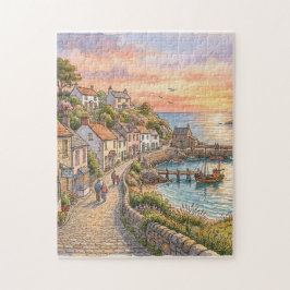 Reizvolles Küsten-Weiler-Sonnenuntergang-Aquarell