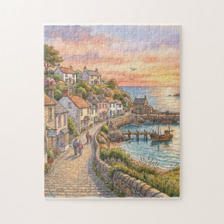 Reizvolles Küsten-Weiler-Sonnenuntergang-Aquarell