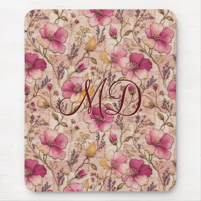 Reizvolles rosa Patchwork-Blumenmuster Mousepad (Vorne)