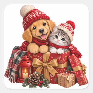 Reizvolles Weihnachts-Welpen-Kätzchen-Geschenk Quadratischer Aufkleber
