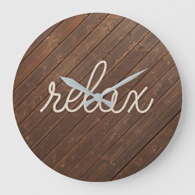 RELAX Rope Text On Teak Wood Große Wanduhr (Vorderseite)