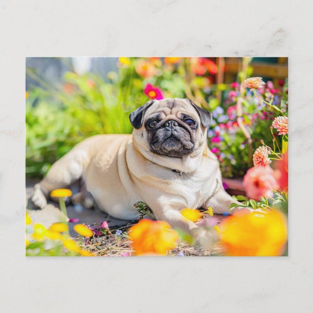 Relaxing Pug Chilling in Garden Space Postkarte (Vorderseite)