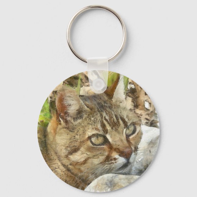 Relaxter Tabby Cat Ruhigen im Garten Stift Schlüsselanhänger (Vorderseite)