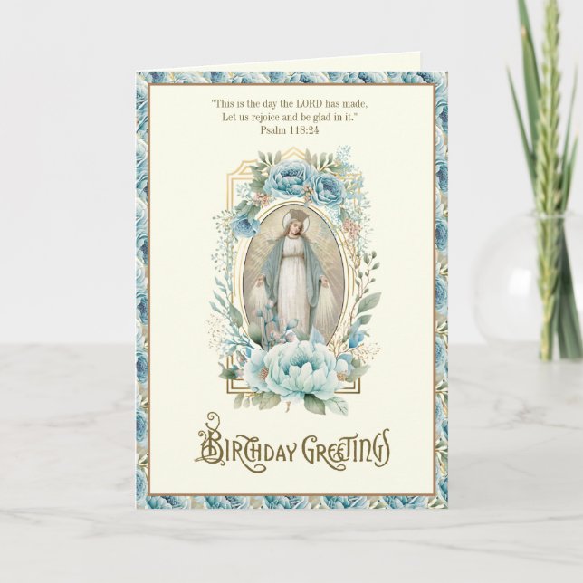 Religieux Anniversaire Bleu Floral Vierge Marie (Devant)