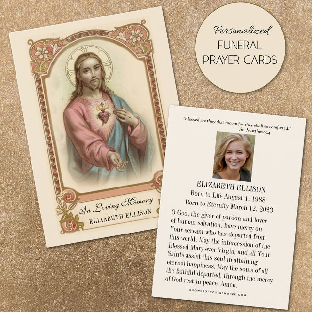 Religieux Sacré Coeur de Jésus Prière funéraire (Featuring traditional Catholic Sacred Heart of Jesus personalized funeral prayer cards)