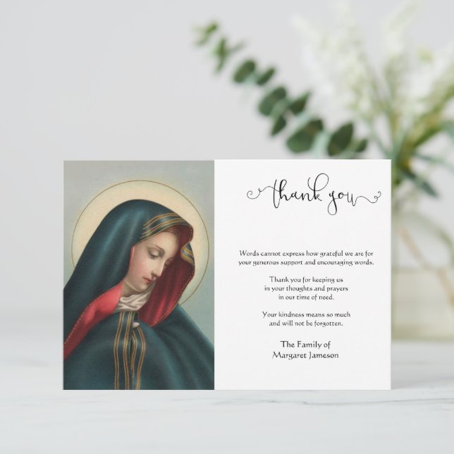 Religiös-katholische Jungfrau traurig Mary Beileid Dankeskarte (Stehend Vorderseite)