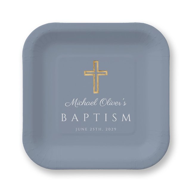 Religiöse, blauer Script Cross Boy Taufe Pappteller (Religious Dusty Blue Script Cross Boy Baptism Paper Plates)