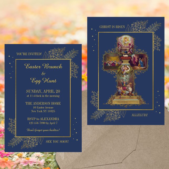 Religiöse Christliche Osterfeier Eistour Einladung (Blue Religious Christian Catholic Floral Easter Cross Christ is risen Brunch Egg Hunt Invitation)