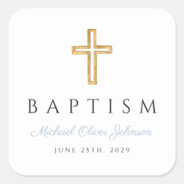 Religiöse Cross Baby Blue Script Boy Taufe Quadratischer Aufkleber
