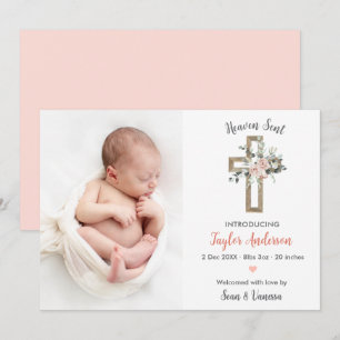 Religiöse Cross Birth Announcement Foto Card Rosa Ankündigung