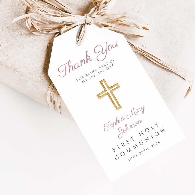 Religiöse Cross Girl Pink Erste Kommune Geschenkanhänger (Religious Cross Girl Pink First Communion Gift Tags)