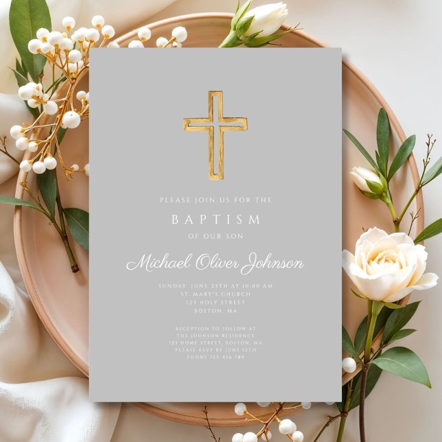 Religiöse Cross Gray Script Boy Taufe Einladung (Religious Cross Gray Script Boy Baptism Invitation)