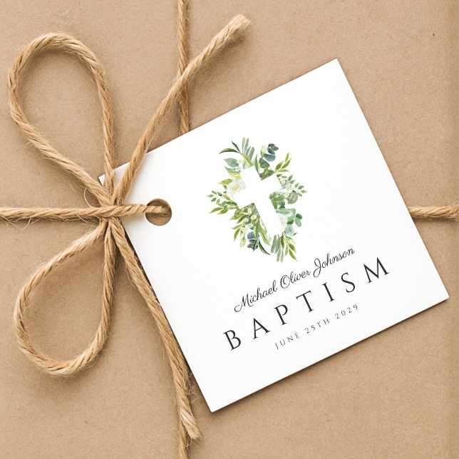 Religiöse Cross Green Botanical Baptim Geschenkanhänger (Religious Cross Green Botanical Baptism Favor Tags)