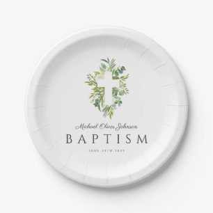 Religiöse Cross Green Botanical Baptim Pappteller
