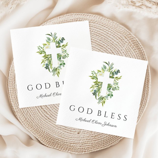 Religiöse Cross Green Botanical God Bless Taufe Serviette (Religious Cross Green Botanical God Bless Baptism Napkins)
