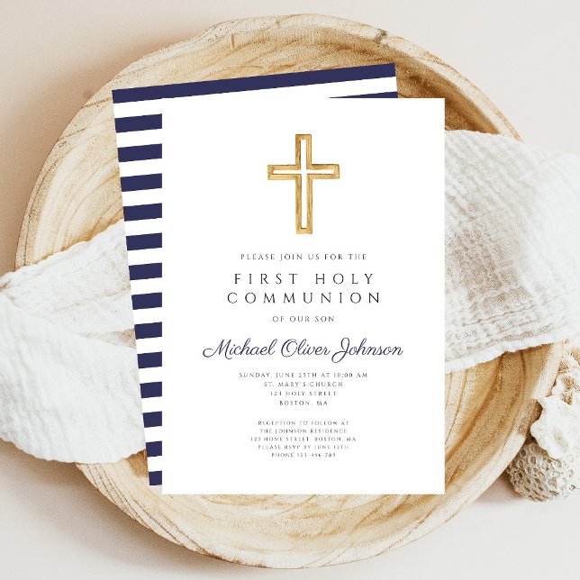 Religiöse Cross Navy Blue Boy First Communion Einladung (Navy Blue Stripes Boy First Communion Invitation)