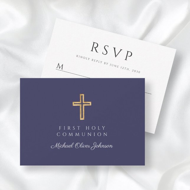 Religiöse Cross Navy Blue Boy First Communion RSVP Karte (Von Creator hochgeladen)