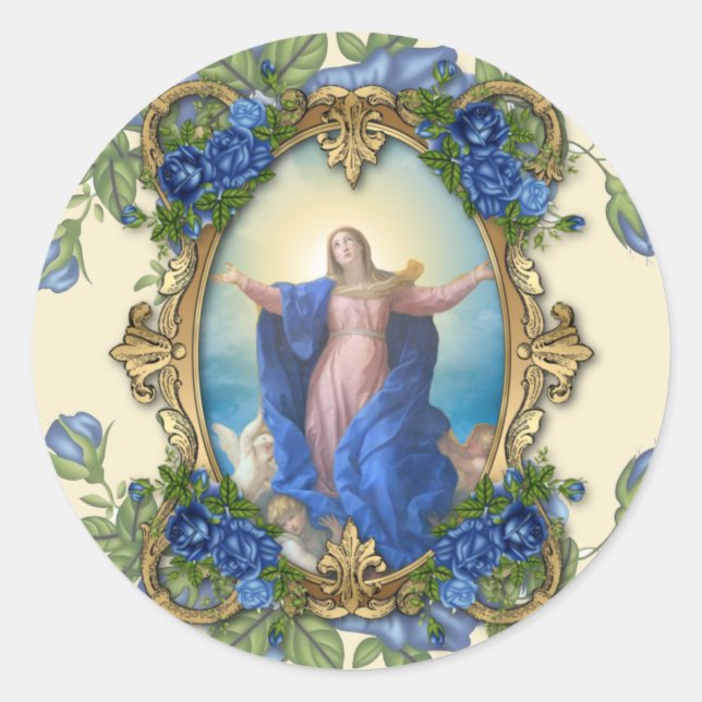 Religiöse Elegante Jungfrau Mary Blue Blumen Vinta Runder Aufkleber (Vorderseite)