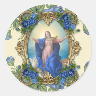 Religiöse Elegante Jungfrau Mary Blue Blumen Vinta Runder Aufkleber