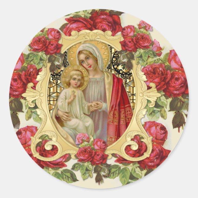 Religiöse Elegante Jungfrau Mary Jesus Rote Rosen Runder Aufkleber (Vorderseite)
