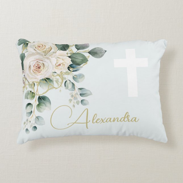 Religiöse Elegante Rose Green Simple Cross Dekokissen (Vorderseite)