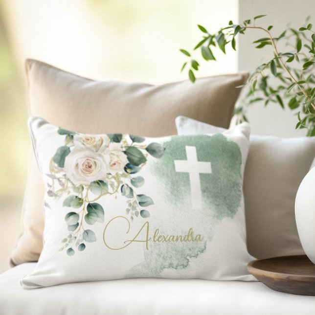 Religiöse Elegante Rose Grünes Wash Cross Dekokissen (Von Creator hochgeladen)
