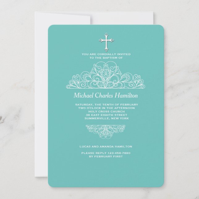 Religiöse Filigree Aquamarine Einladung (Vorderseite)