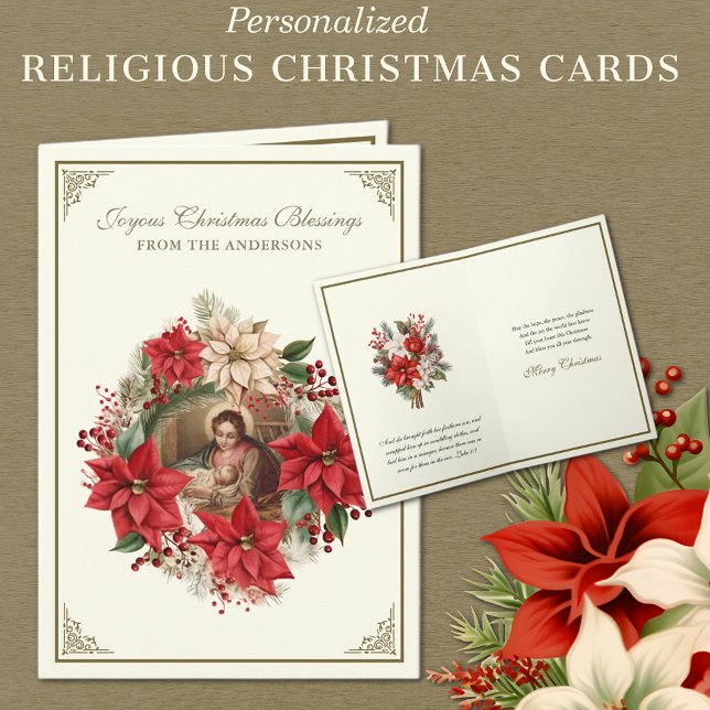 Religiöse frohe Weihnachten Krippe Poinsettias (Personalized Religious Vintage Christmas Cards with Blessed Virgin Mary and Jesus - Red Poinsettias)