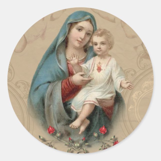 Religiöse gesegnete Jungfrau Mary Jesus Rose Vinta Runder Aufkleber (Vorderseite)