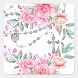 Religiöse Heilige Rosary Pink Roses Floral Quadratischer Aufkleber
